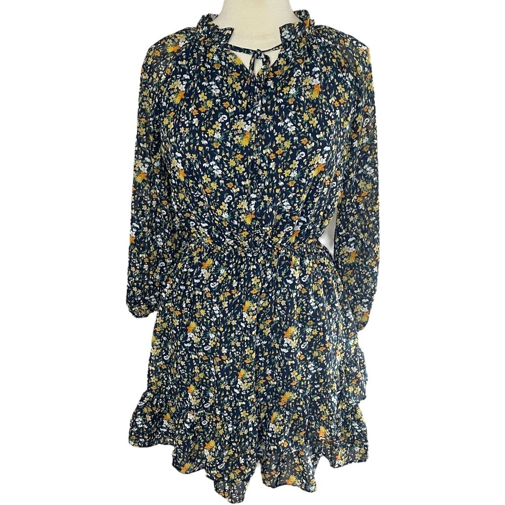 LOVE ADY Navy & Yellow Ditsy Floral Ruffled Mini Dress, Medium